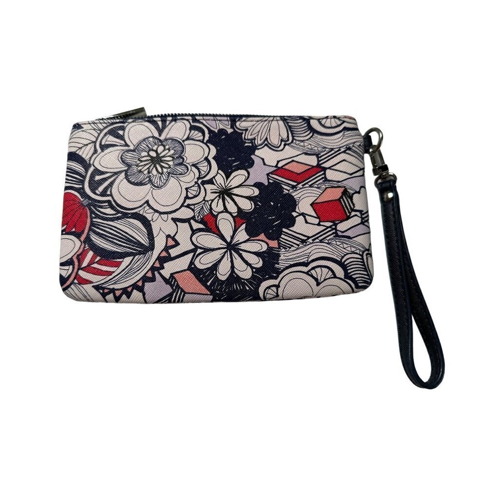 Navy and red floral and geometric wristlet, silver hardware